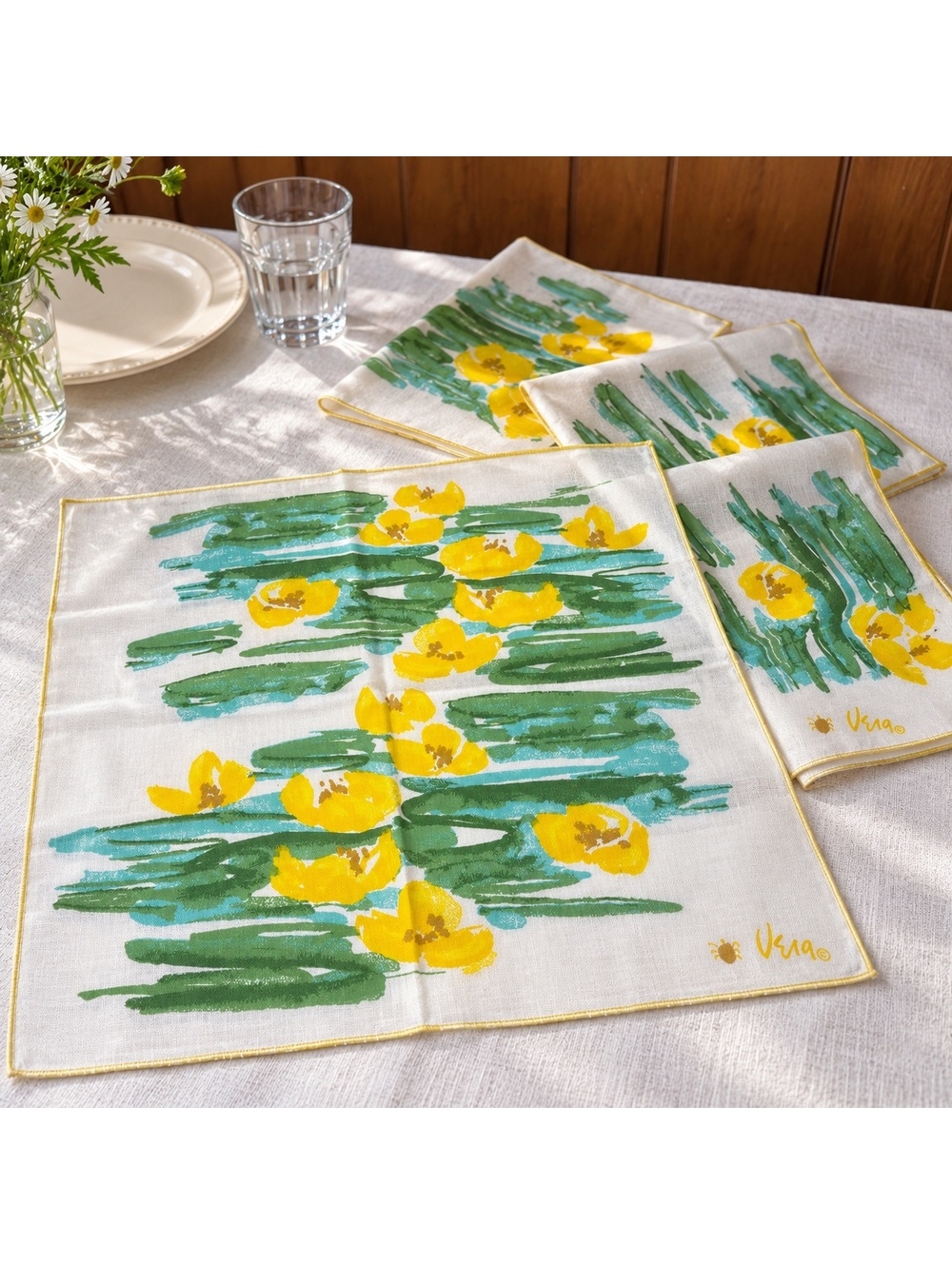 Vintage Floral Linen Napkins Vera Yellow Green Set Of 4 16 Inch